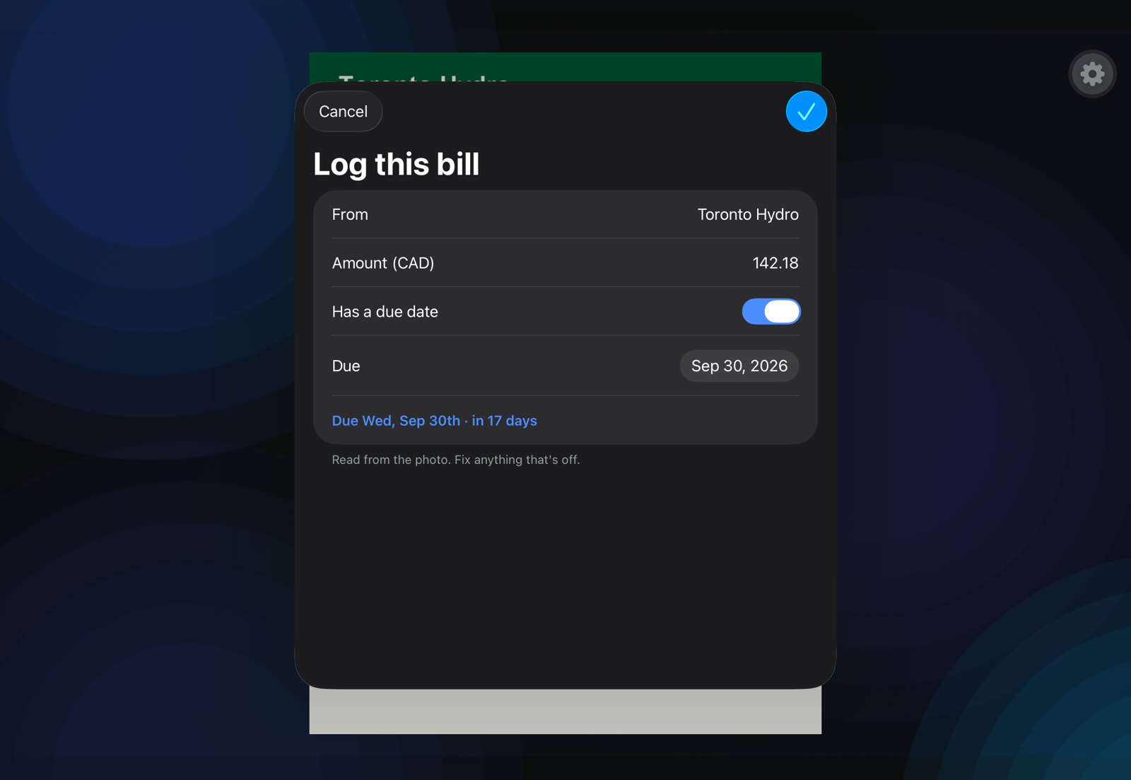 The Log this bill sheet with the vendor, amount and due date already filled in from the photo, and Cancel and confirm buttons.