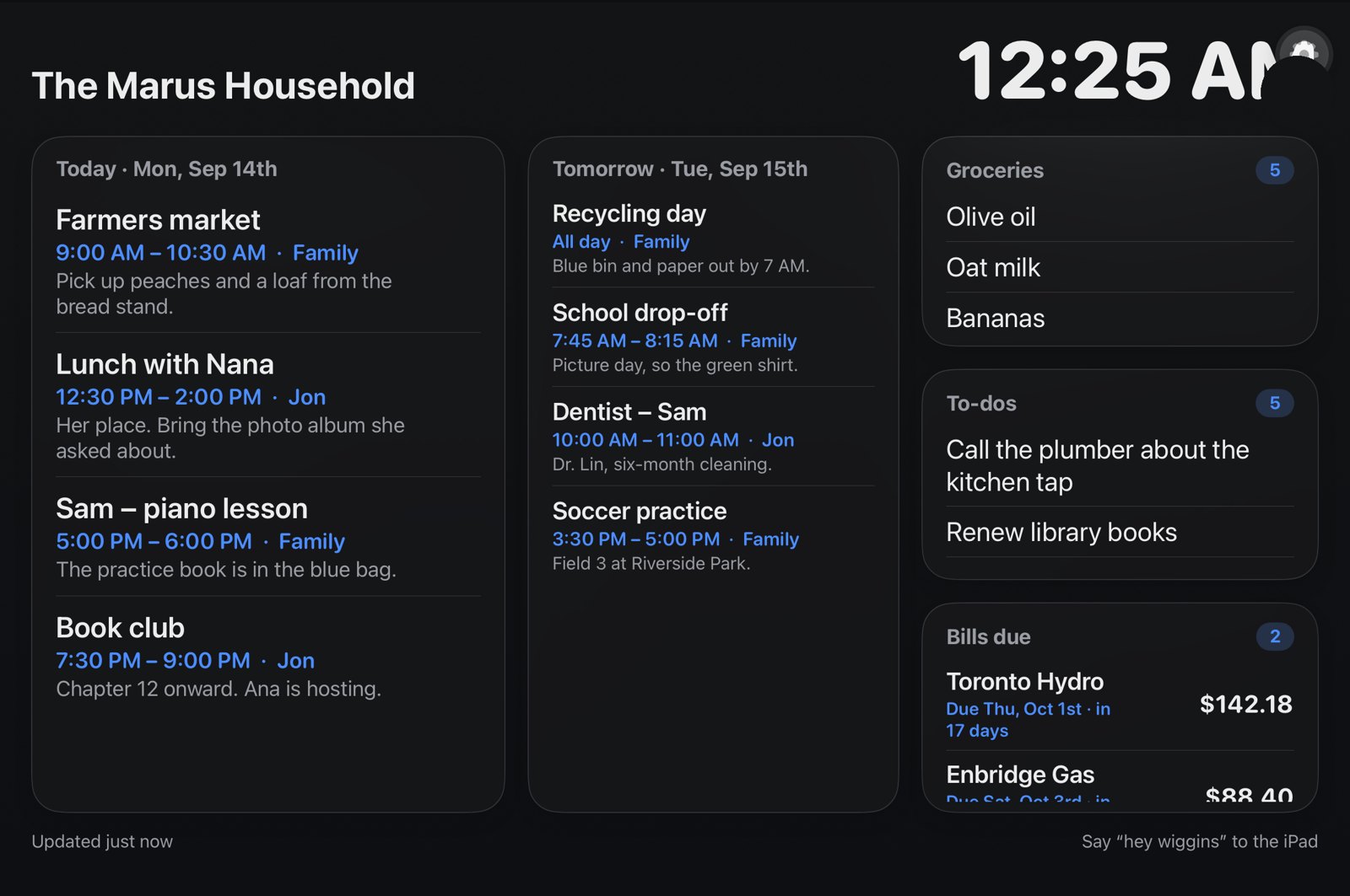 The Display on a big screen: three columns for today, tomorrow, and the household's lists and bills, in large type.